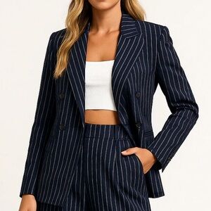 Elegant Navy Pinstripe Double-Breasted Blazer